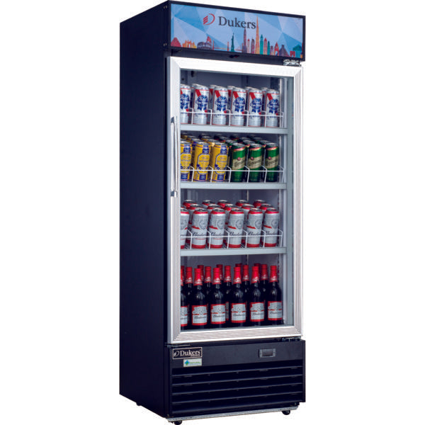 Dukers Commercial Single Glass Swing Door Merchandiser Refrigerator. Call For Price!