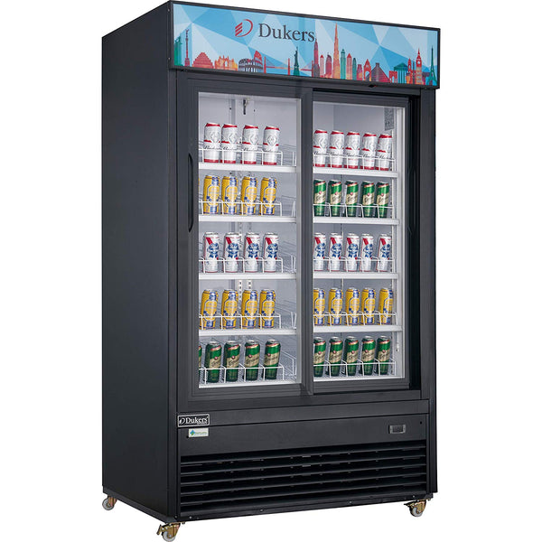 Dukers Commercial Glass Sliding 2-Door Merchandiser Refrigerator in Black. Call For Price!